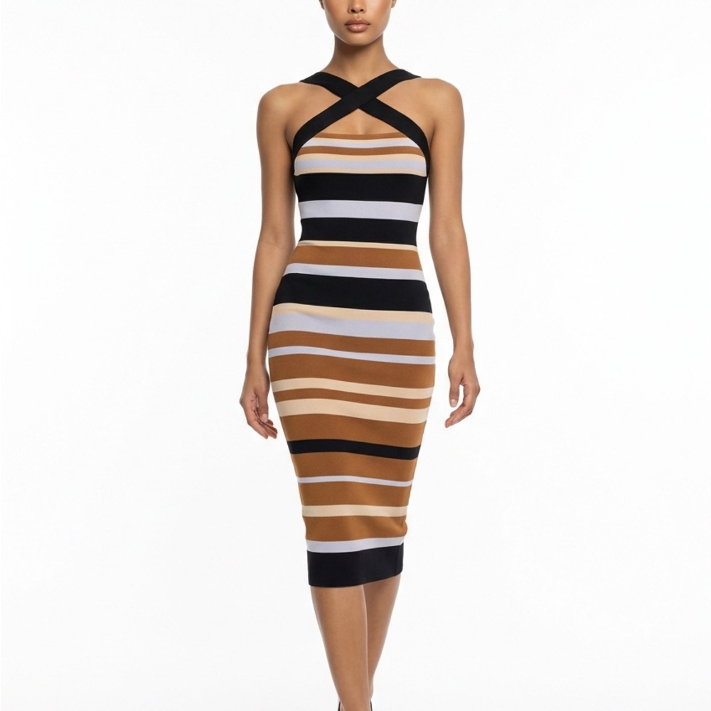 Striped Cross-Neck Bodycon Dress - Black & Brown